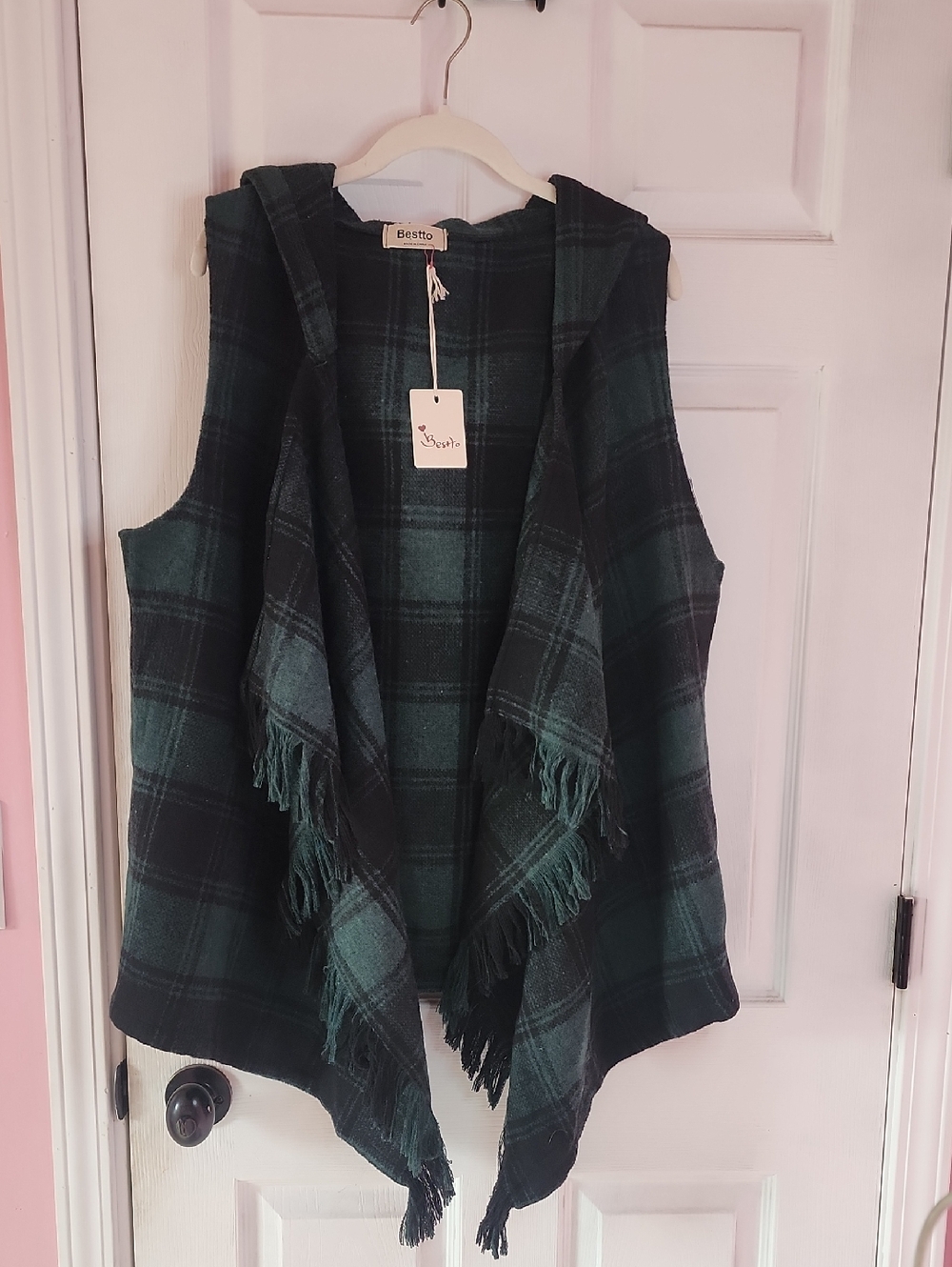Green Plaid Fringe Hooded Vest